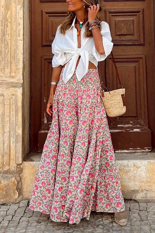 Dam Maxi Kjol Blommönster Elastisk Bomull Polyester-2