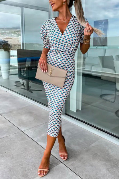 Variant image for Dam Klänning Midi V-hals Puffärmar Tryckt Bomull och Polyester-5