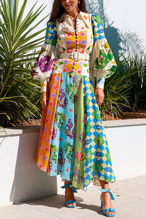 Maxiklänning Dam med Ballongärmar Tryckt Bomull-Linne Elegant Lång Klänning-3