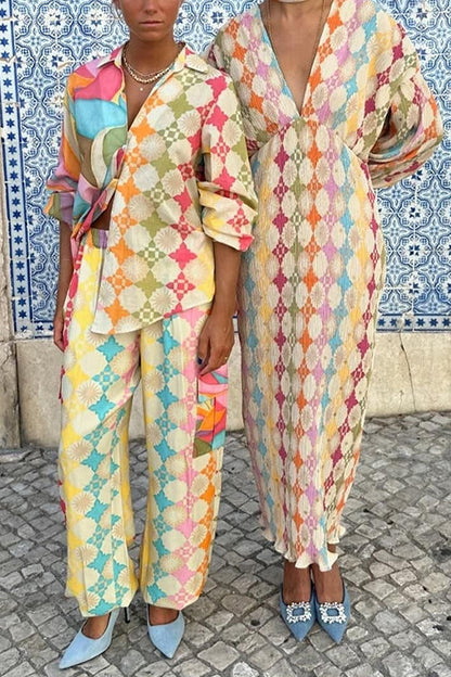 Dam Långärmad Blus med Kontrasttryck och Lastbyxor i Bomull och Polyester-4