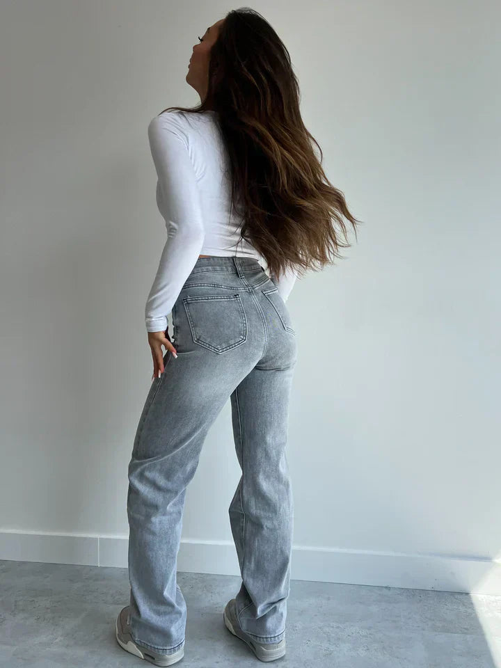 Dam Jeans Hög Midja Rak Snitt Högkvalitativ Denim-4