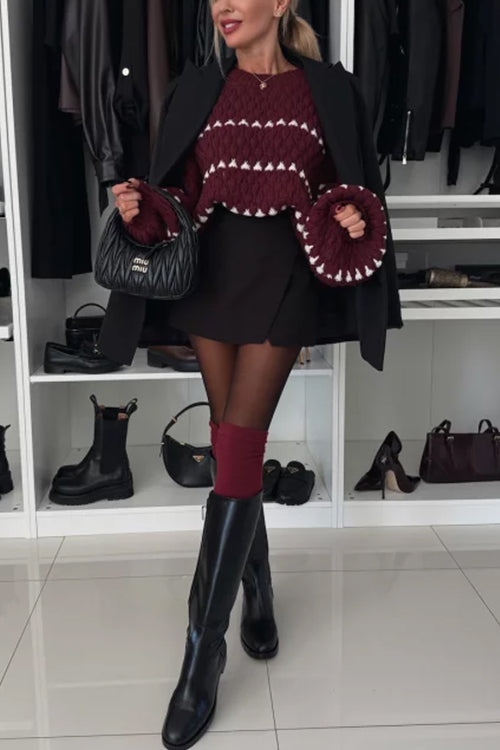 Dam Stickad Chunky Tröja med Lykta Ärmar i Färgblockad Design-6