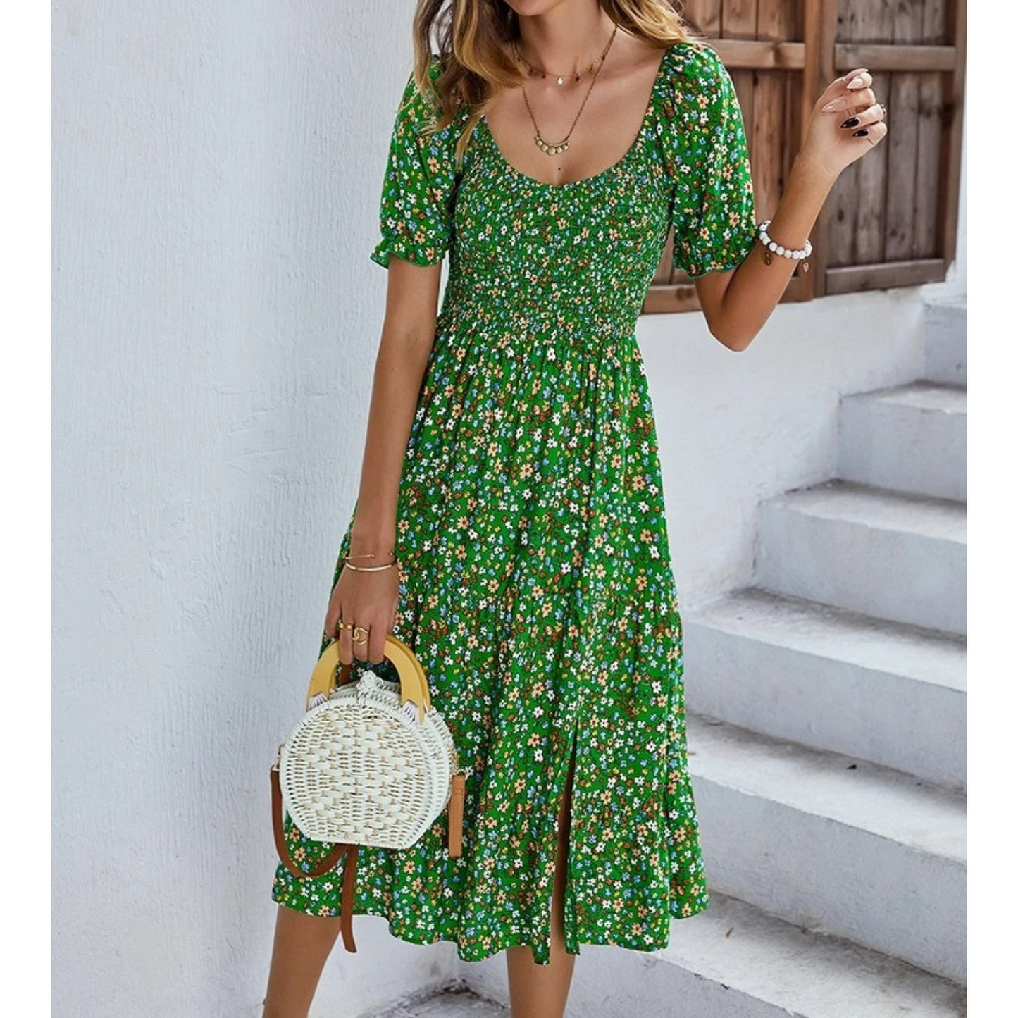 Sommarklänning Dam Elastisk Blå Mönster Rund Halsringning 4