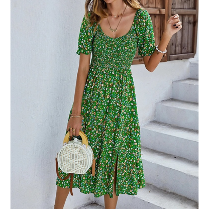 Sommarklänning Dam Elastisk Blå Mönster Rund Halsringning 4