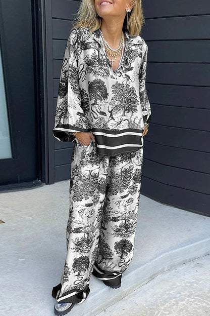 Dam Skjorta V-ringning Långa Ärmar Tryckt Bomull Polyester-2