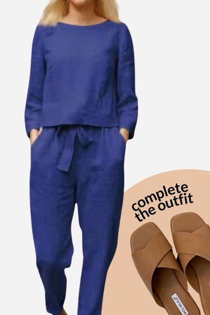 Kvinnor Tvådelat Linne Monokromt Högkvalitativt Tyg-5