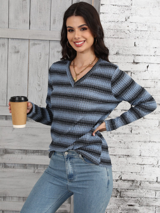 Kvinna Ribbad Tröja V-ringning Mjuk Stickad Tyg-1