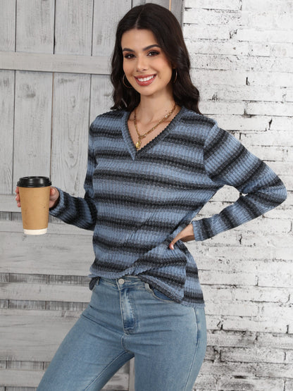 Variant image for Kvinna Ribbad Tröja V-ringning Mjuk Stickad Tyg-1