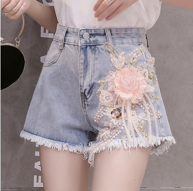 Dam Jeansshorts Hög Midja Blommig Dekoration Bomull-3