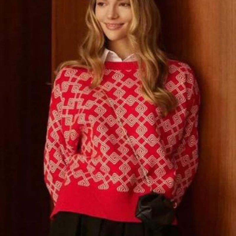 Dam Stickad Jacquard Tröja Mjuk Garn Modern Design-6