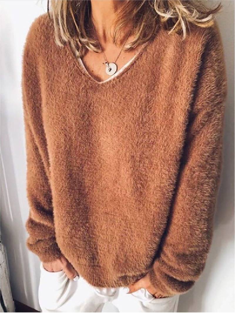V-ringad Dam Tröja i Mjuk Plysch – Avslappnad Passform för Komfort och Stil 1