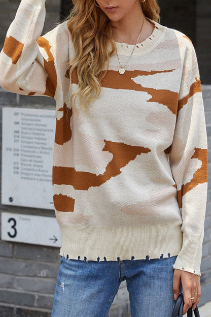 Stickad Dam Tröja Rippad Kamouflage med Fransar Polyester-6