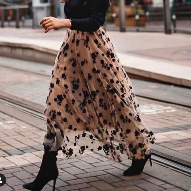 Dam Maxikjol Lång Blommönster Nät Elegant Flödande Snitt-3