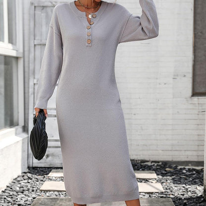 Kvinnors Vinterklänning Långärmad Stickad med Knappdetaljer-5