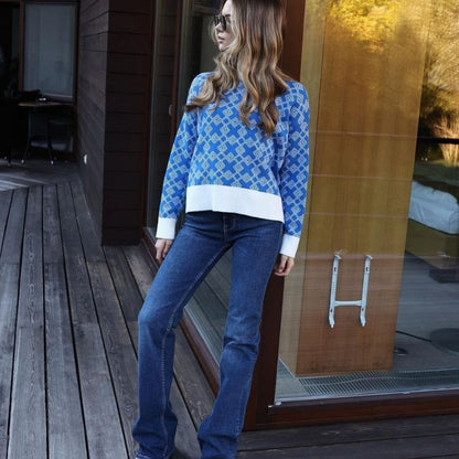 Dam Stickad Jacquard Tröja Mjuk Garn Modern Design-2