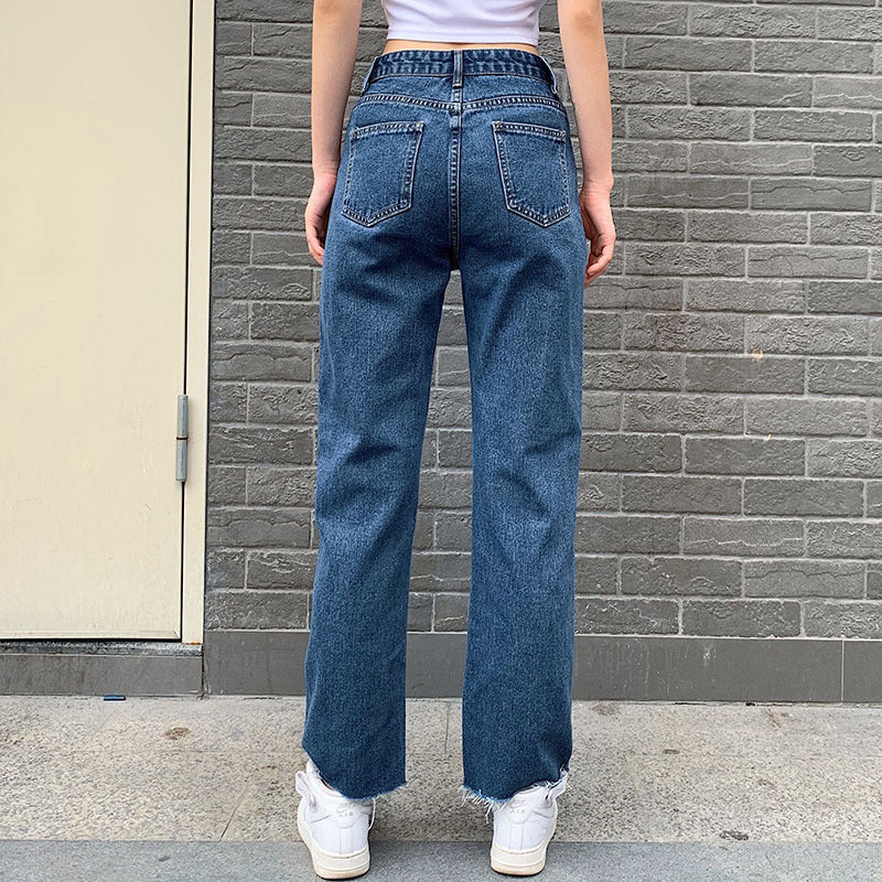 Snygga Byxor Dam Rakt Snitt Hög Midja Denim med Broderi-3
