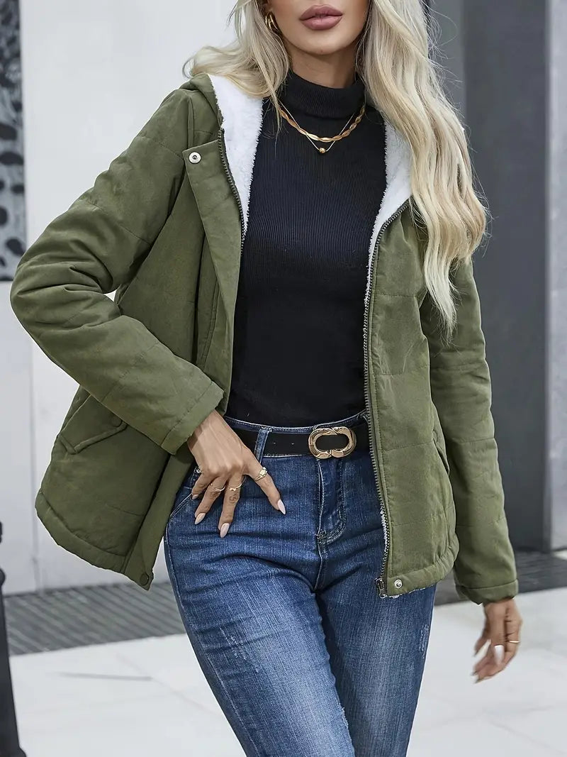 Damjacka Quiltad med Huva och Blixtlås, Vadderad för Kalla Dagar-6