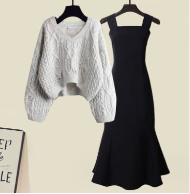 Variant image for Kvinnors Set med Tvärstickad Tröja och Fiskstoppsklänning Mjuk Tygblandning-13