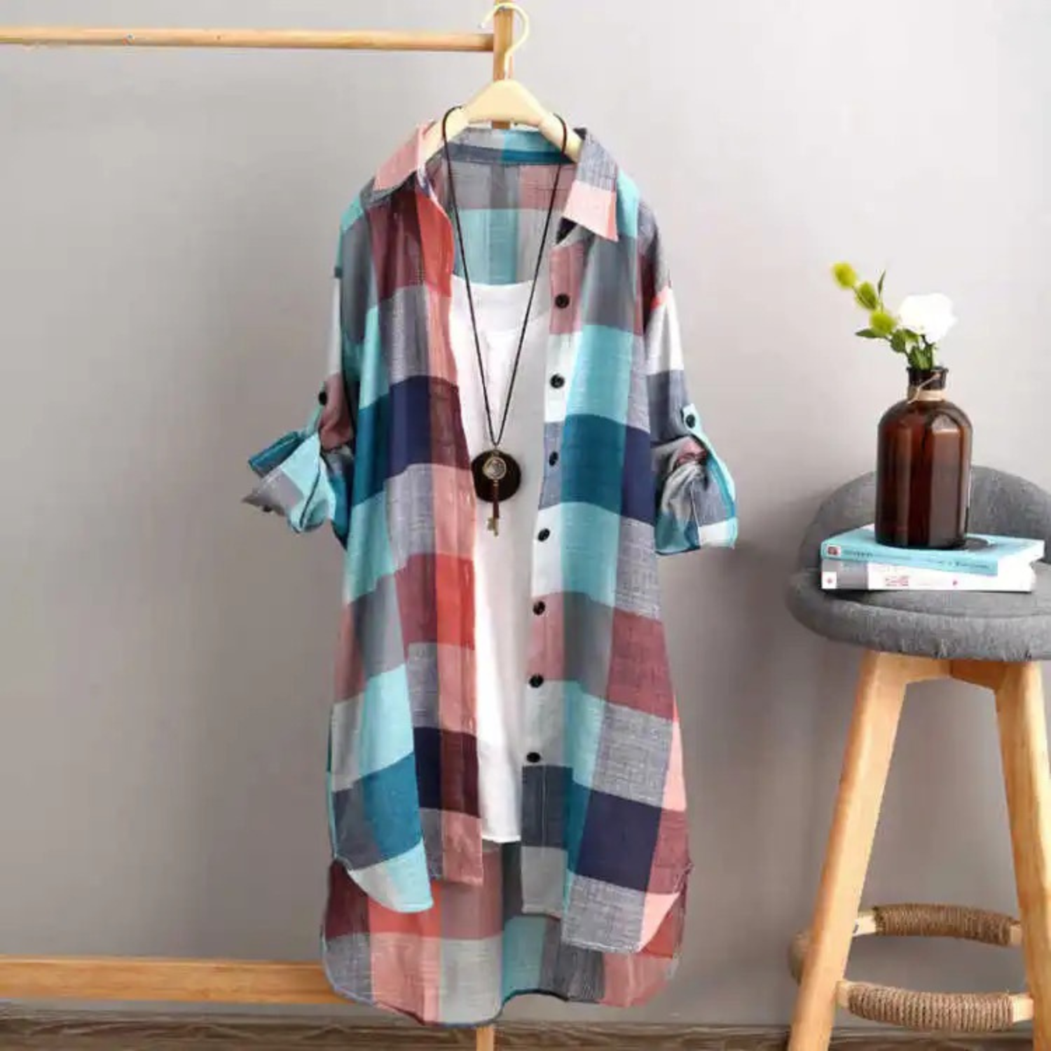 Variant image for Dam Blusklänning Vändningsdesign Blockmönster Polyester-19