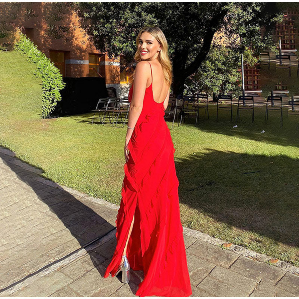 Maxikleid Damen mit Rüschen und Schlitz aus Polyester für Sommer-3
