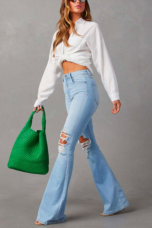 Snygga Byxor Dam Rippade Jeans Bell Bottoms Bomullsblandning-2
