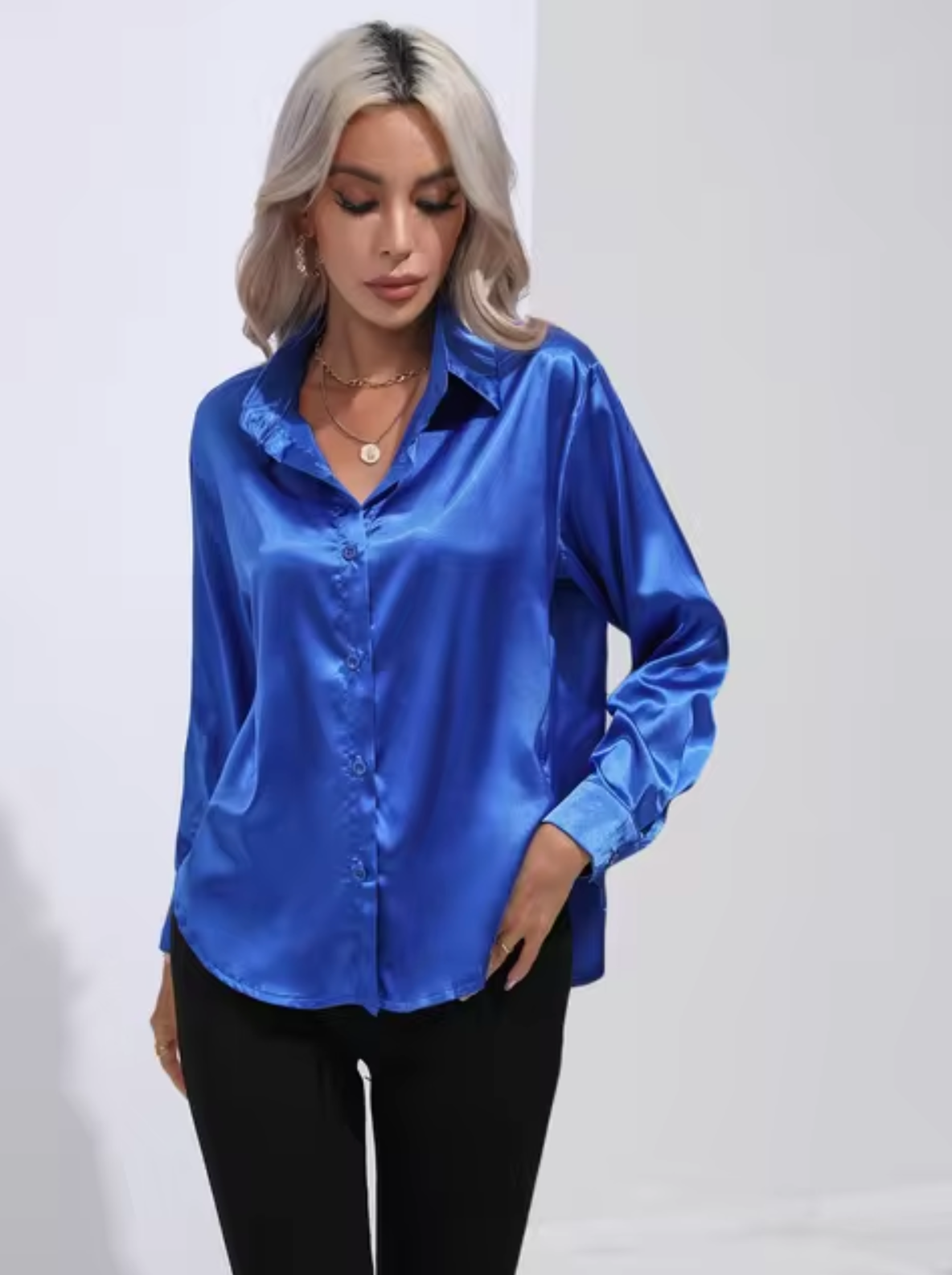 Variant image for Dam Blus Långärmad Satin Elegant V-Ringning-61