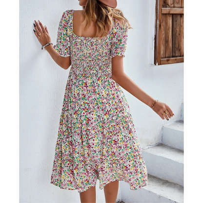 Sommarklänning Dam Elastisk Blå Mönster Rund Halsringning 10