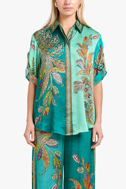 Dam Set Kortärmad Skjorta Vida Byxor Satin-4