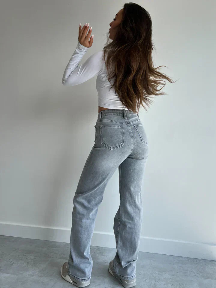 Dam Jeans Hög Midja Rak Snitt Högkvalitativ Denim-3