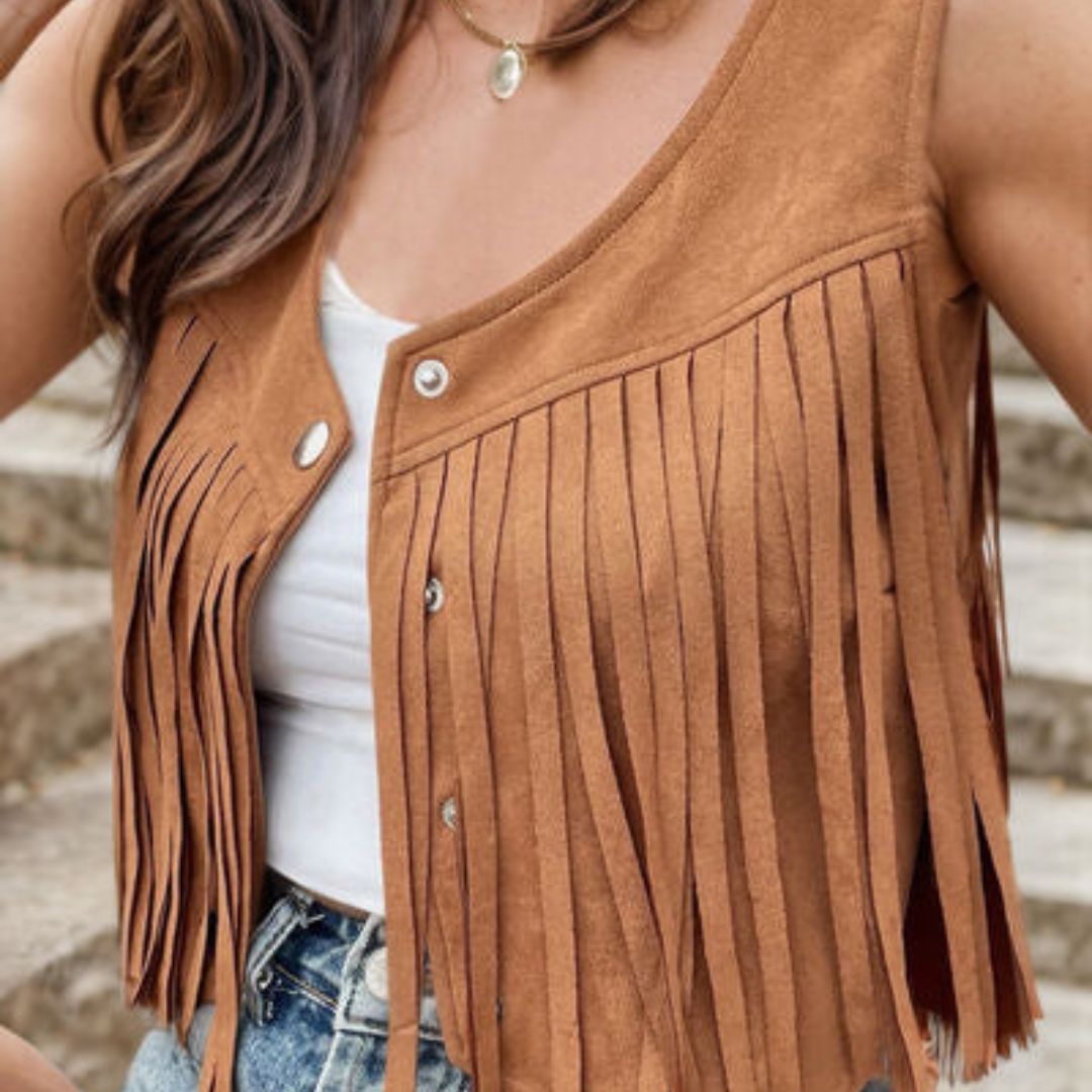 Väst Dam Boho Stil Mocka med Fransar-4