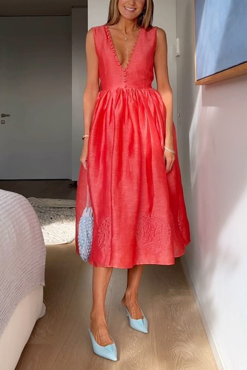 Dam Midi Klänning Ärmellös V-Ausschnitt Bomull Polyester-1