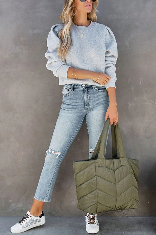 Dam Tröja Rund Halsringning Puff Ärmar Bomull Polyester-4