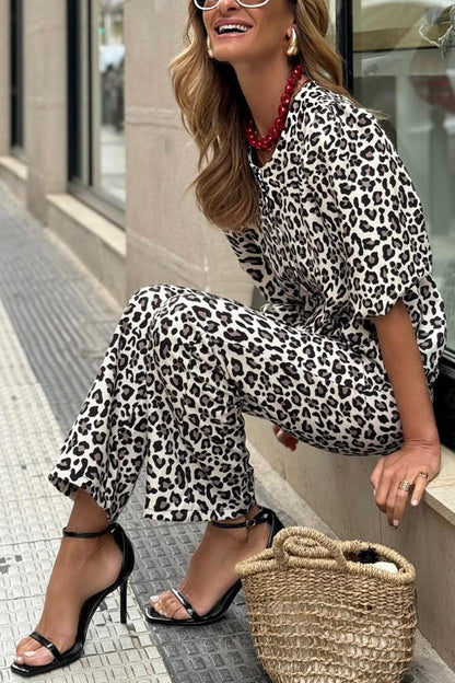 Dam Leopard Set Halvärmad Skjorta Raka Byxor Bomull Polyester-3
