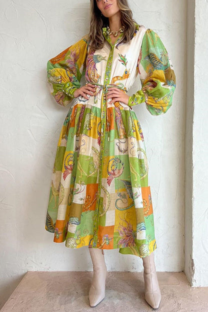 Variant image for Damklänning med Ballonärmar och Grafiskt Mönster i Bomull och Polyester-1