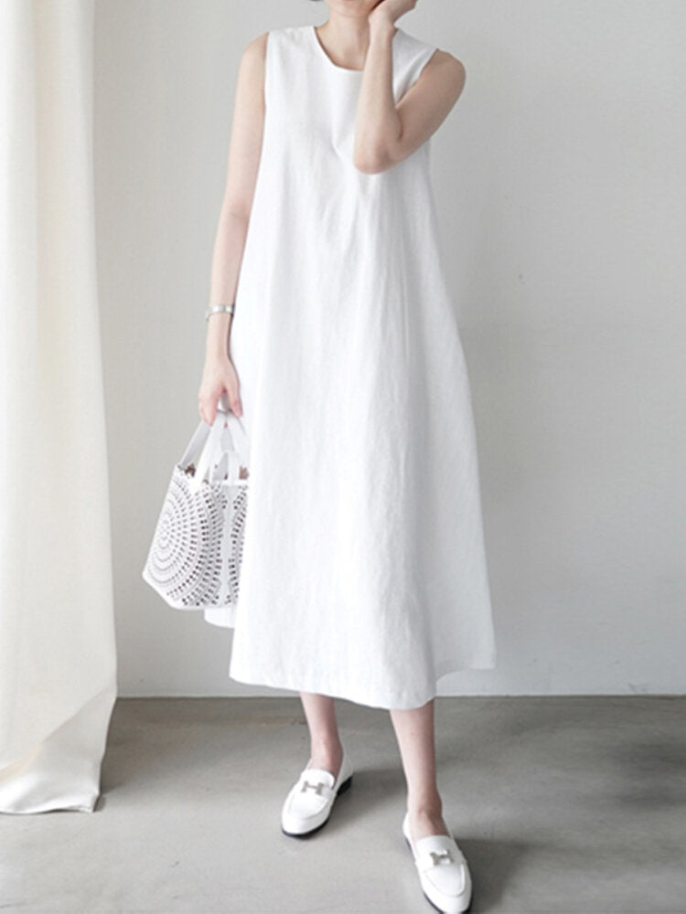 Kvinnors Midi Klänning O-hals Avslappnad Bomull med Fickor-3