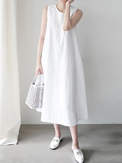 Kvinnors Midi Klänning O-hals Avslappnad Bomull med Fickor-3