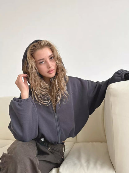Dam Hoodie Kort Med Blixtlås Ballongärmar Bomullsblandning 4