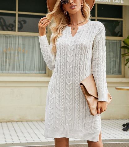 Kvinnors Stickad Klänning Kabelstickning med Skåra-3