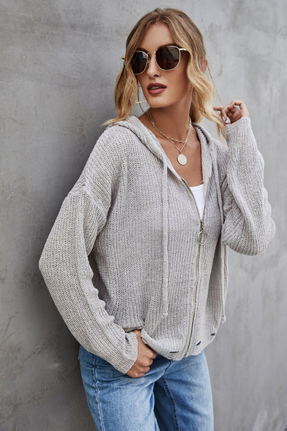 Dam Öppen Hoodie Stickad Polyester Långärmad-2