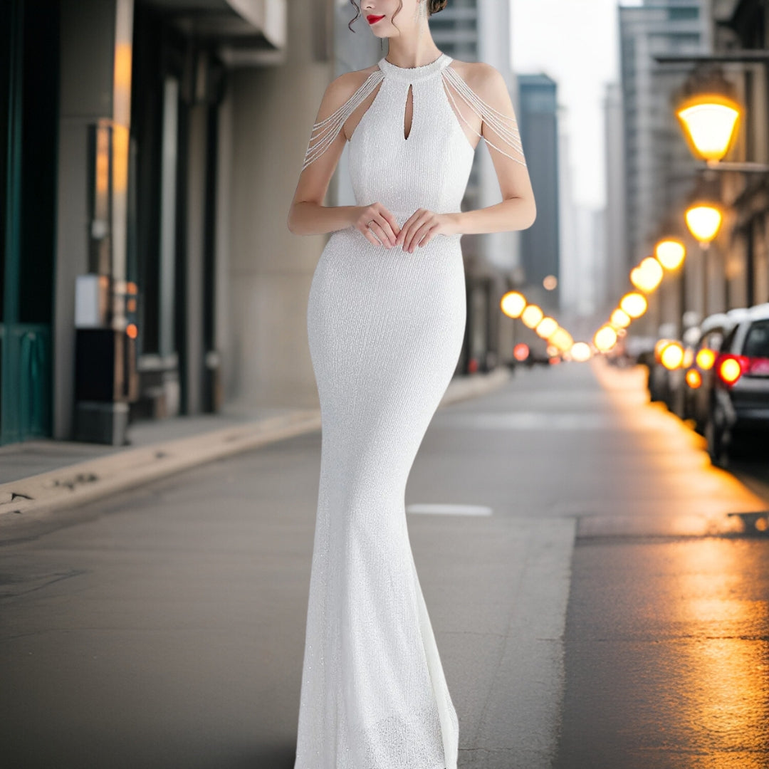 Kvinna Aftonklänning Lång Flödande Paljetter Högkvalitativt Material-2