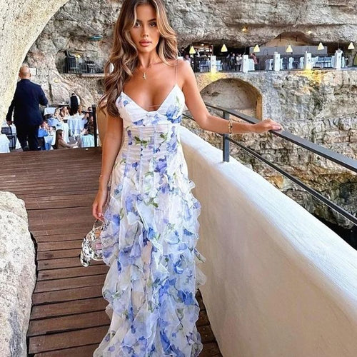 Damklänning Golvlång Blommönster Polyester Smal Passform-1