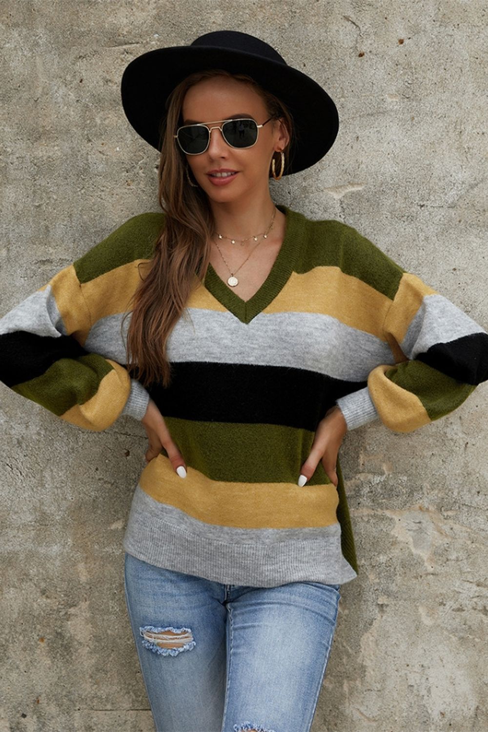 Dam Långärmad Topp V-Hals Patchwork Polyester-6