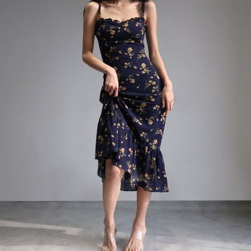 Damklänning Midi Blommig med Ruffles i Polyester-1