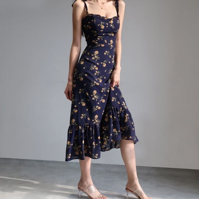 Damklänning Midi Blommig med Ruffles i Polyester-2