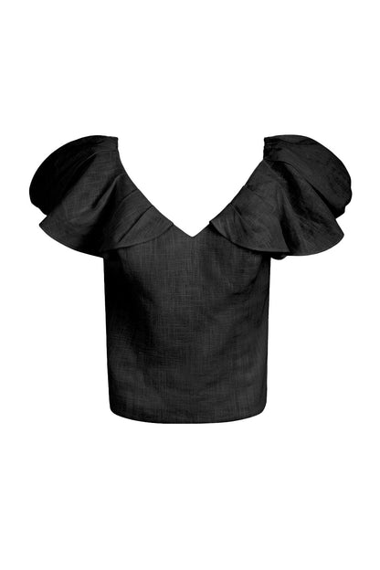 Dam Topp Voluminösa Ärmar Sexig Halsringning 100% Linne-4