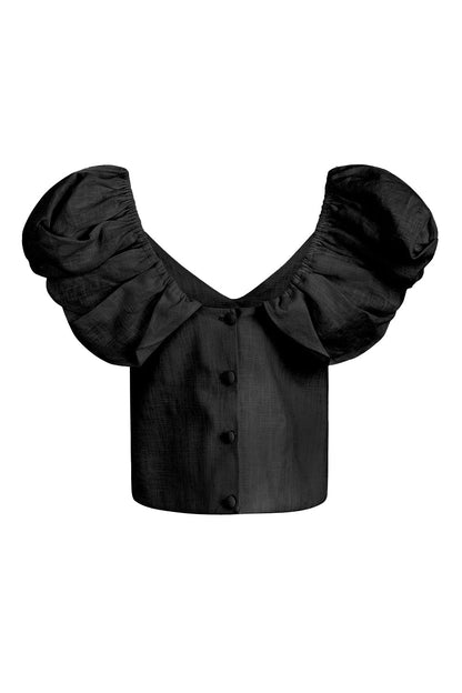 Dam Topp Voluminösa Ärmar Sexig Halsringning 100% Linne-6