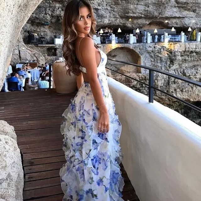 Damklänning Golvlång Blommönster Polyester Smal Passform-2