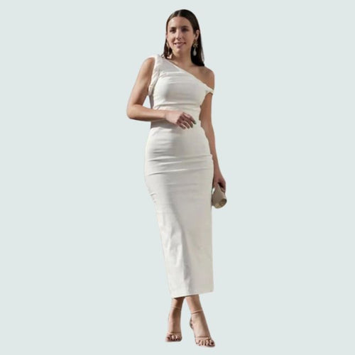 Damklänning Midi Asymmetrisk Ärmlös Polyester-1