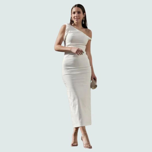 Damklänning Midi Asymmetrisk Ärmlös Polyester-1