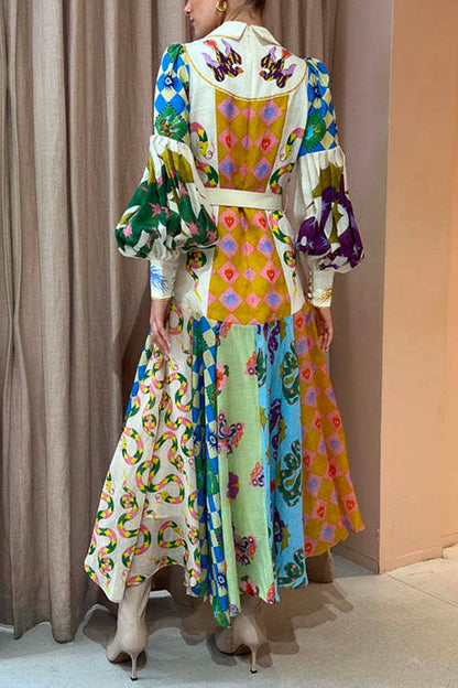 Maxiklänning Dam med Ballongärmar Tryckt Bomull-Linne Elegant Lång Klänning-5